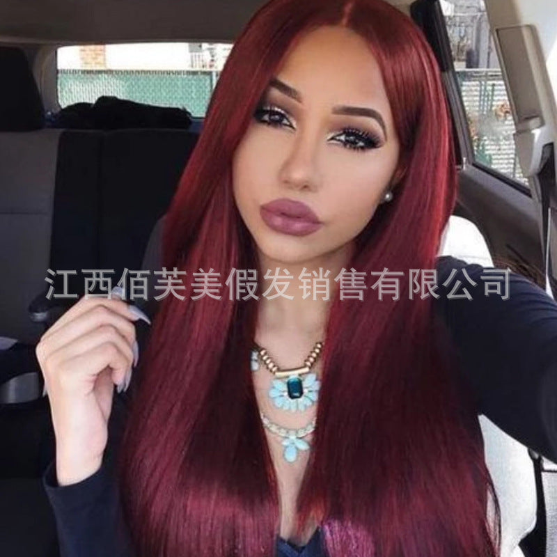Wig for women with long straight hair burgundy long hair European and American foreign trade export dyed chemical fiber headgear for women