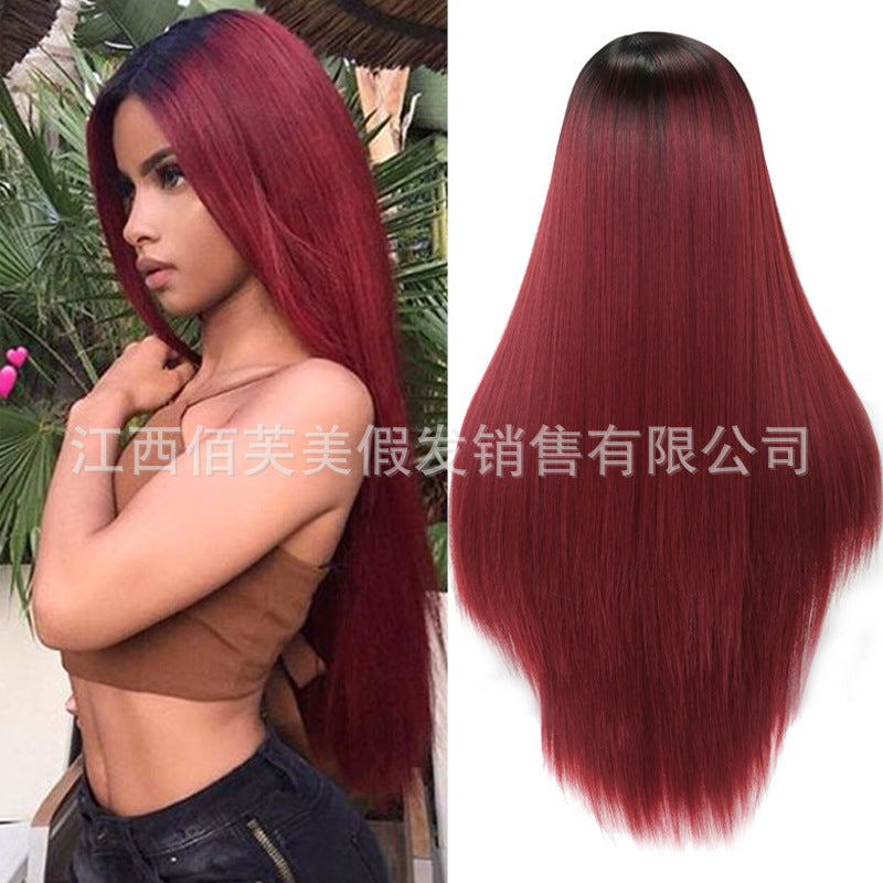Wig for women, burgundy, middle-parted, fashionable long straight hair, high-temperature silk, chemical fiber headgear.
