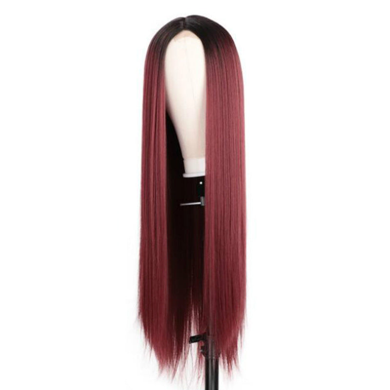 Wig for women, burgundy, middle-parted, fashionable long straight hair, high-temperature silk, chemical fiber headgear.