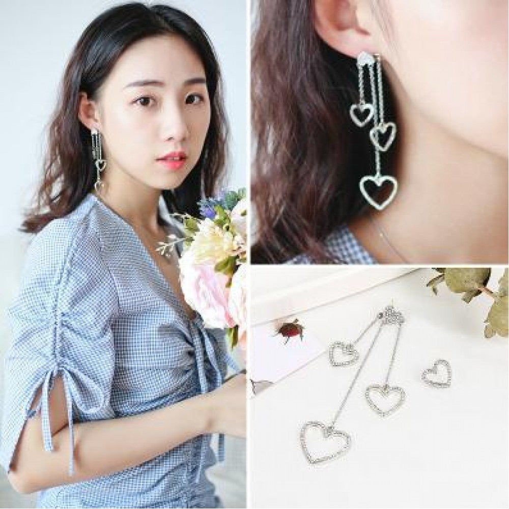 Heart Long Tassel Asymmetric Love Earrings Female - Silver