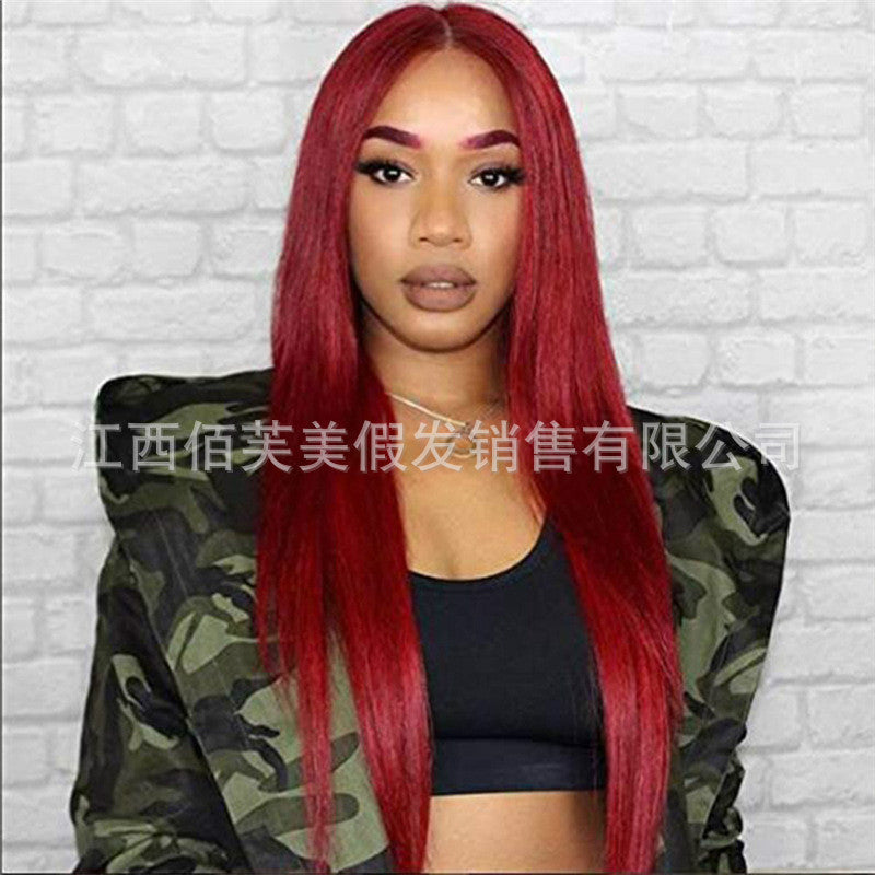 Wig for women with long straight hair burgundy long hair European and American foreign trade export dyed chemical fiber headgear for women