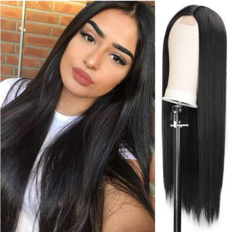 Straight European-American Black Wig - Medium
