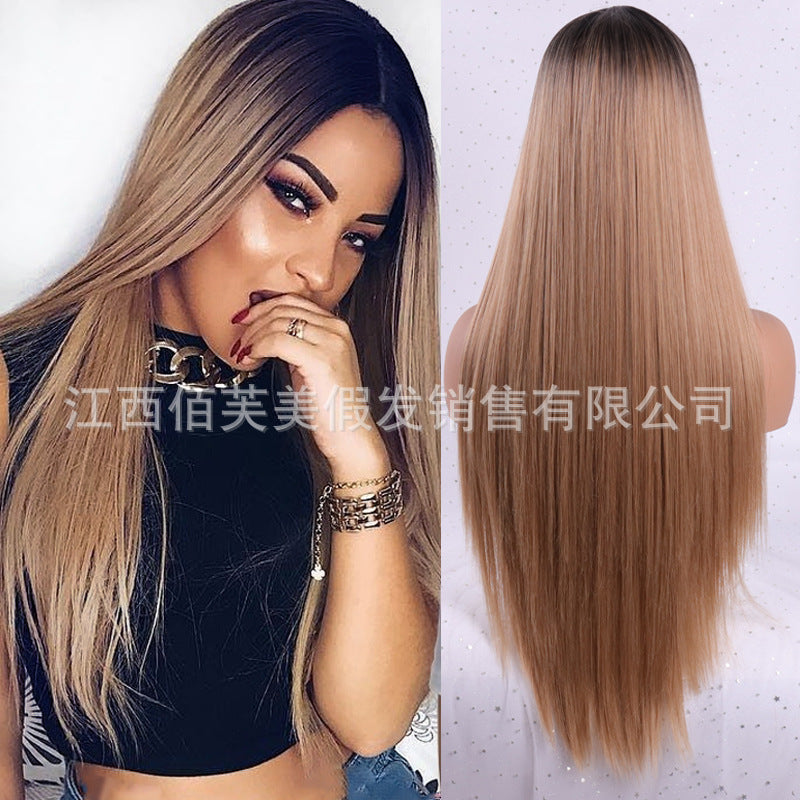 Wig for women, burgundy, middle-parted, fashionable long straight hair, high-temperature silk, chemical fiber headgear.
