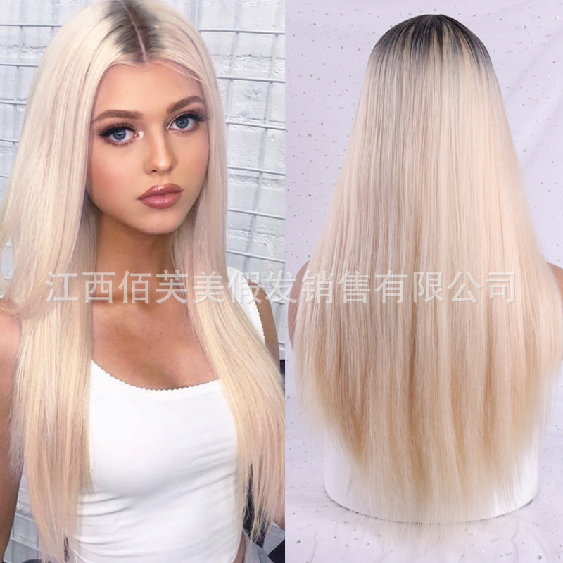 Wig for women, burgundy, middle-parted, fashionable long straight hair, high-temperature silk, chemical fiber headgear.