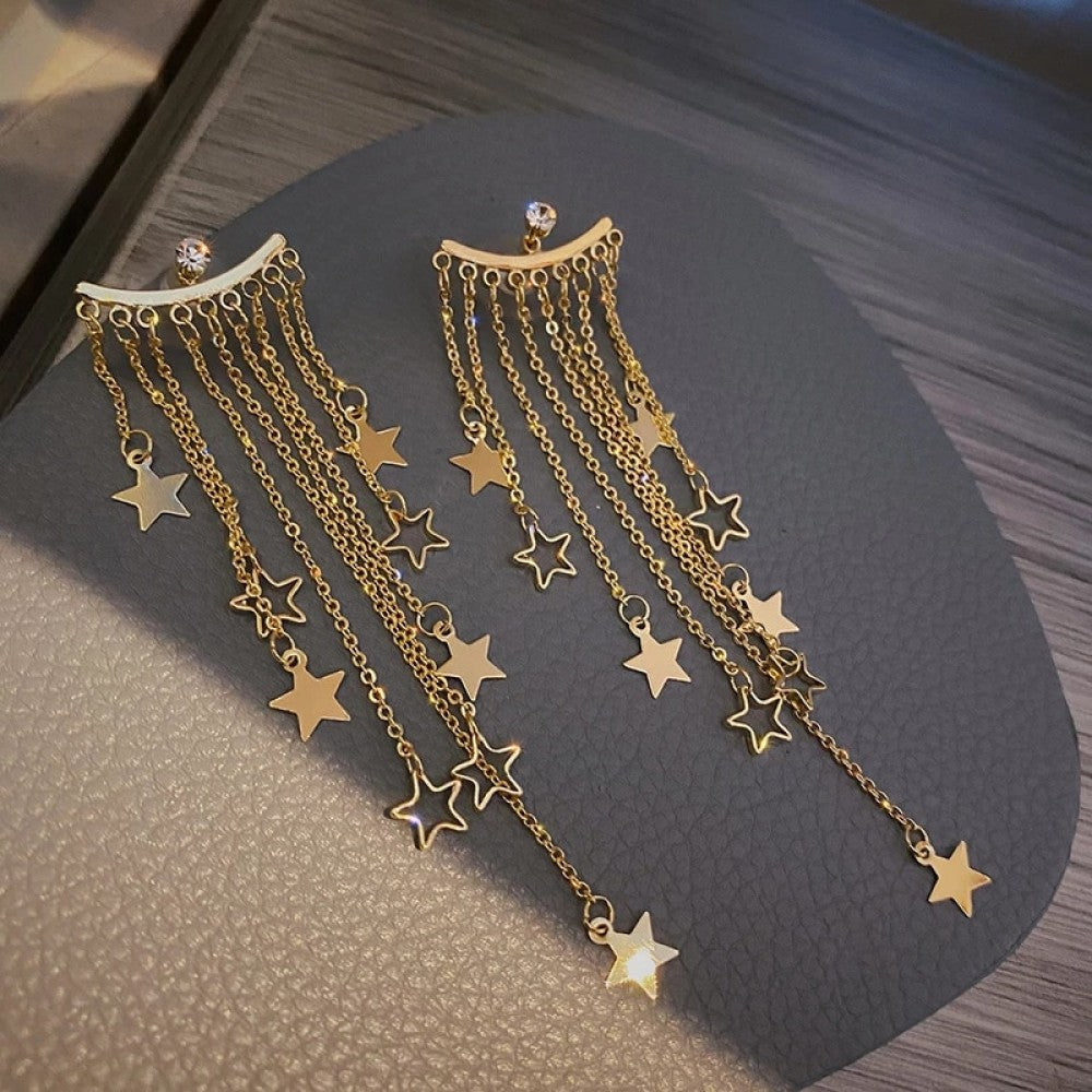 Sequin Star Dangle Long Metal Chain Tassel Drop Earrings - Golden