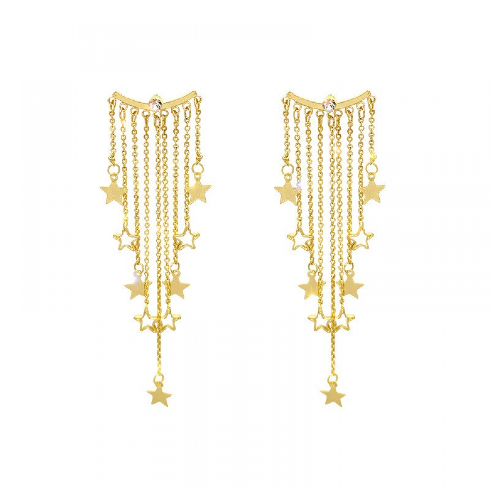 Sequin Star Dangle Long Metal Chain Tassel Drop Earrings - Golden