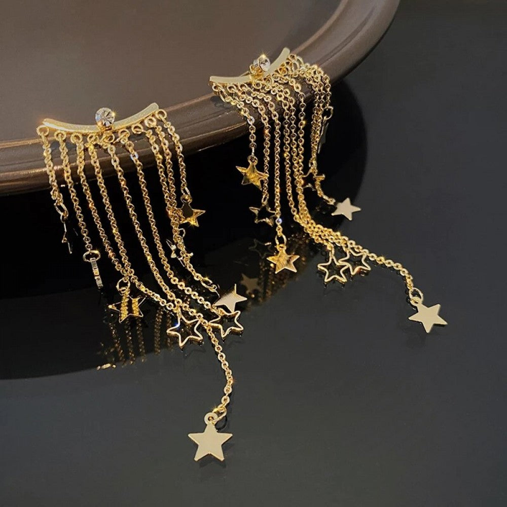 Sequin Star Dangle Long Metal Chain Tassel Drop Earrings - Golden
