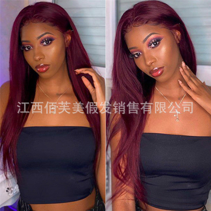 Wig for women with long straight hair burgundy long hair European and American foreign trade export dyed chemical fiber headgear for women
