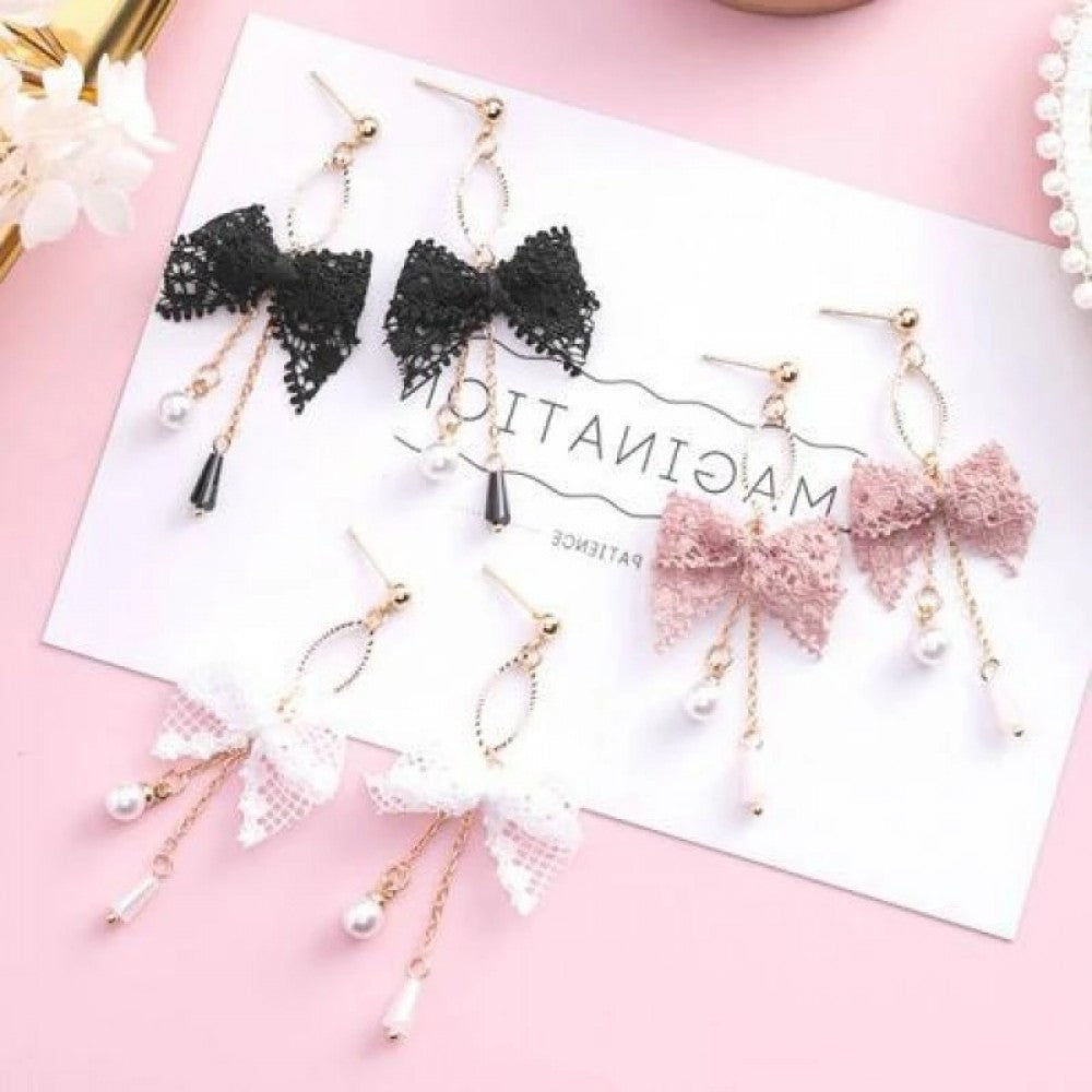 Korean Style Lace Bow Tassel Sweet Earrings Elegant Pearl - White