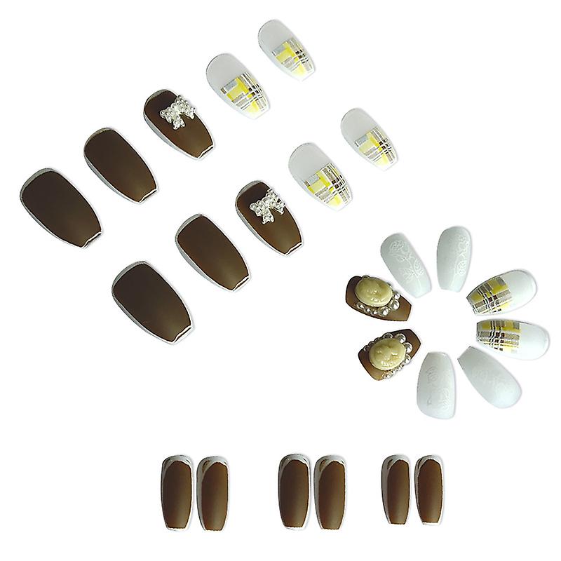 Yellow Checkerboard Press-On Nails - Long Round Head, Sweet Style - Shop N Save