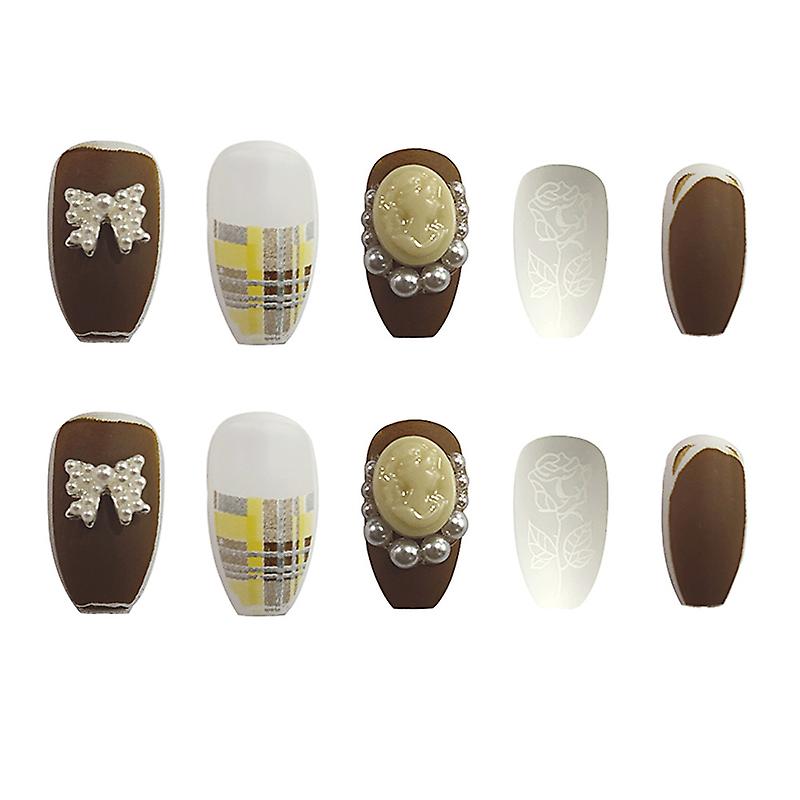 Yellow Checkerboard Press-On Nails - Long Round Head, Sweet Style - Shop N Save