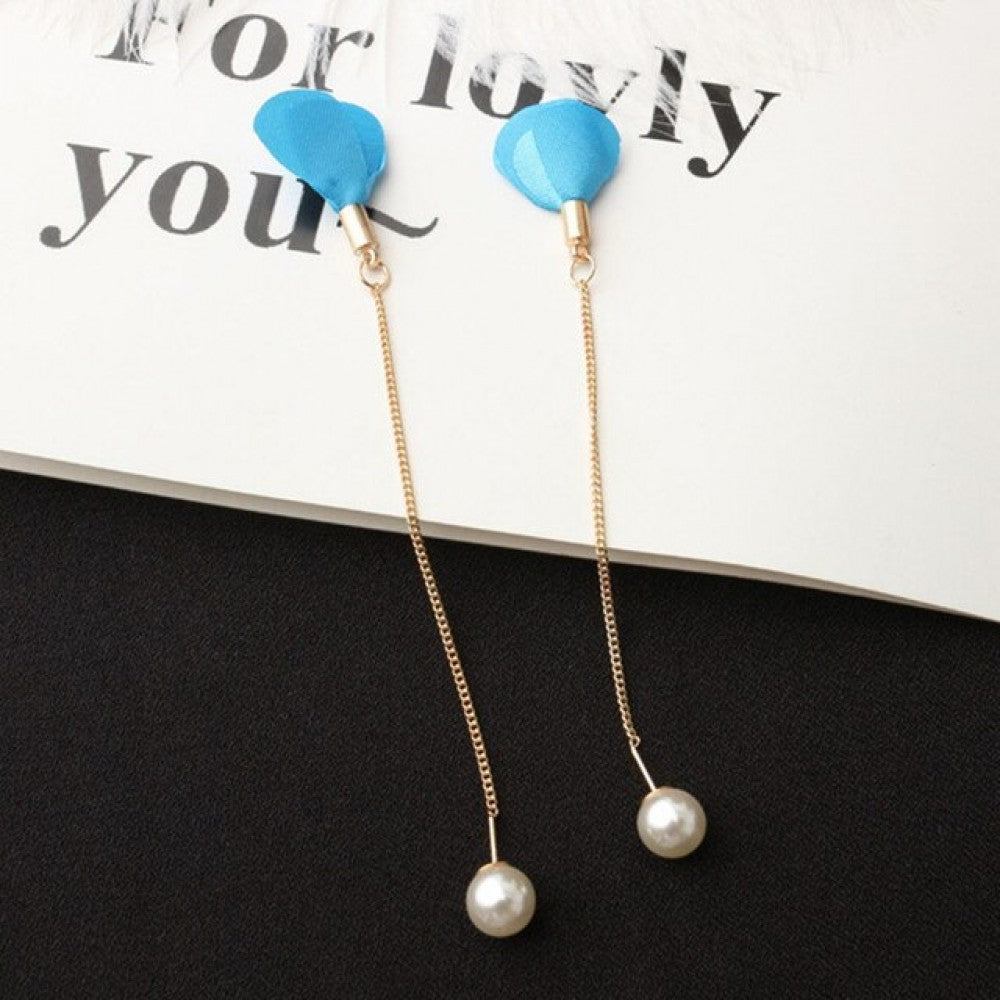 Earrings Flower Tassel Women Imitation Pearl Long Earring - Blue