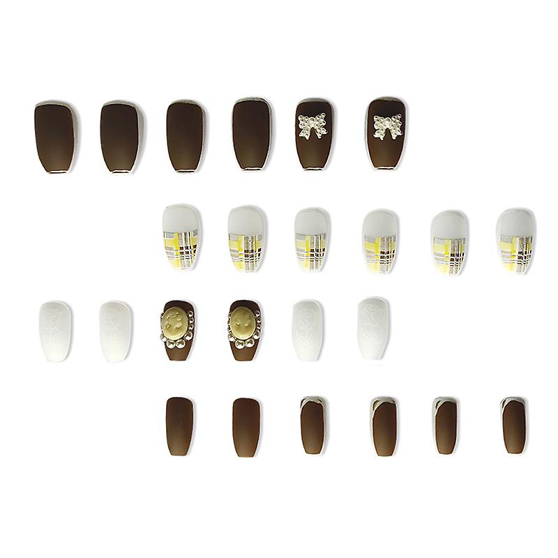 Yellow Checkerboard Press-On Nails - Long Round Head, Sweet Style - Shop N Save
