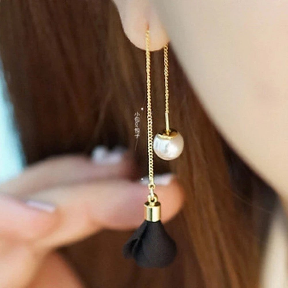 Earrings Flower Tassel Women Imitation Pearl Long Earring - Pink
