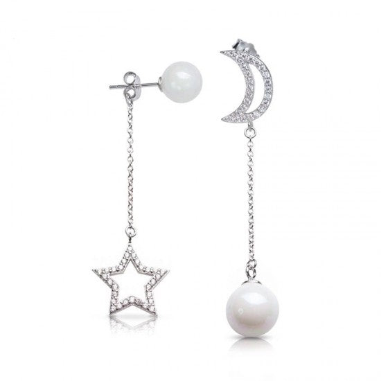 Pearl New Fashion Moon Stars Women Drop Earrings Gift - Silver