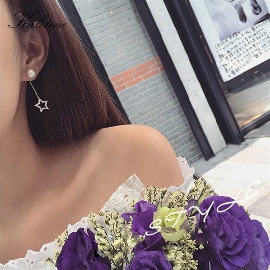 Pearl New Fashion Moon Stars Women Drop Earrings Gift - Silver