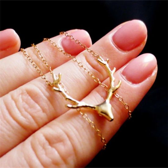 Women Deer Antler Christmas Gift Reindeer Pendant Necklace Golden