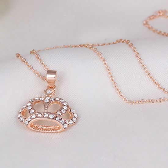 Crown Pendant Necklace Clear Rhinestone Gold
