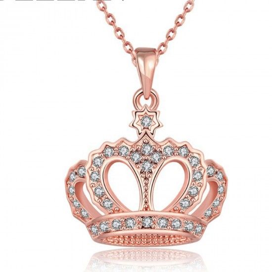 Crown Pendant Necklace Clear Rhinestone Gold