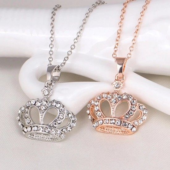 Crown Pendant Necklace Clear Rhinestone Gold