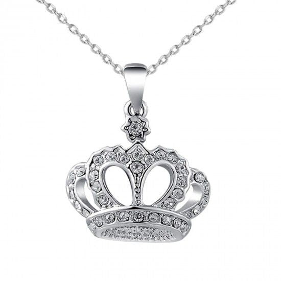 Crown Pendant Necklace Clear Rhinestone Silver
