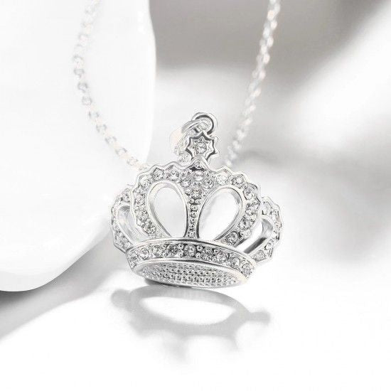 Crown Pendant Necklace Clear Rhinestone Silver