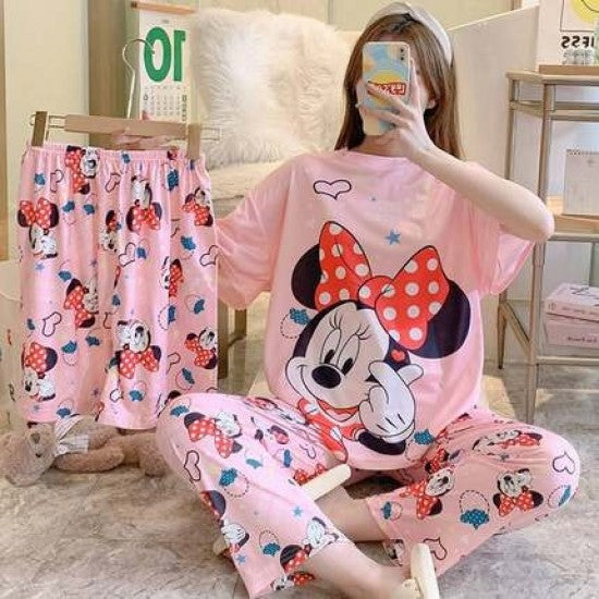 3 Pcs Nightwear Pajama Shorts Sets For Women Sleepwear Pink