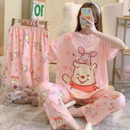 3 Pcs Nightwear Pajama Shorts Sets For Women Sleepwear Pink