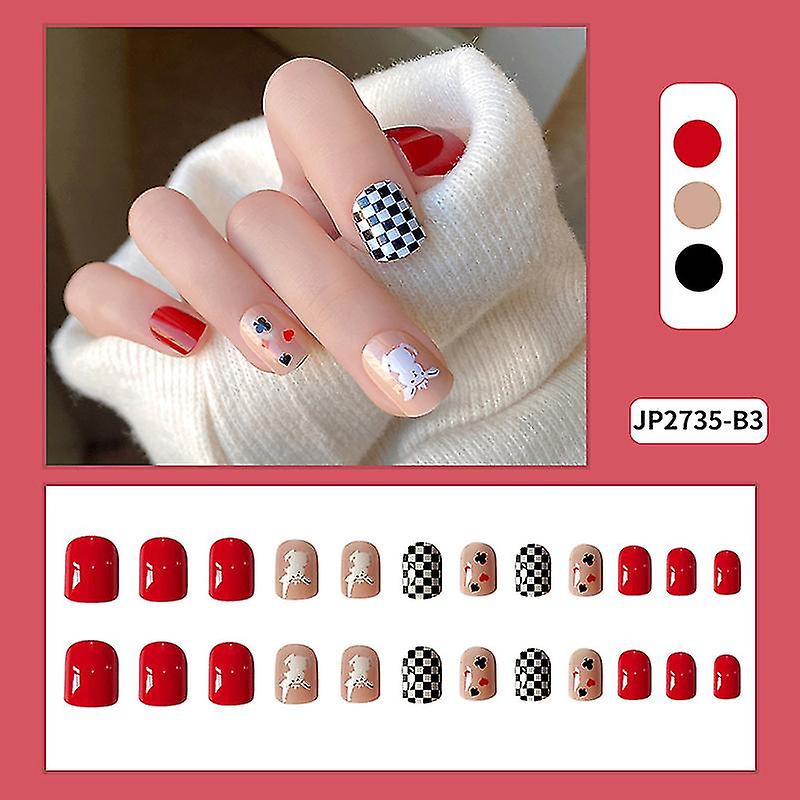 24pcs Short Red Checkerboard Nails: Cute Press-Ons, Full Coverage - Shop N Save