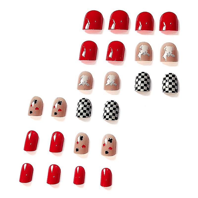 24pcs Short Red Checkerboard Nails: Cute Press-Ons, Full Coverage - Shop N Save