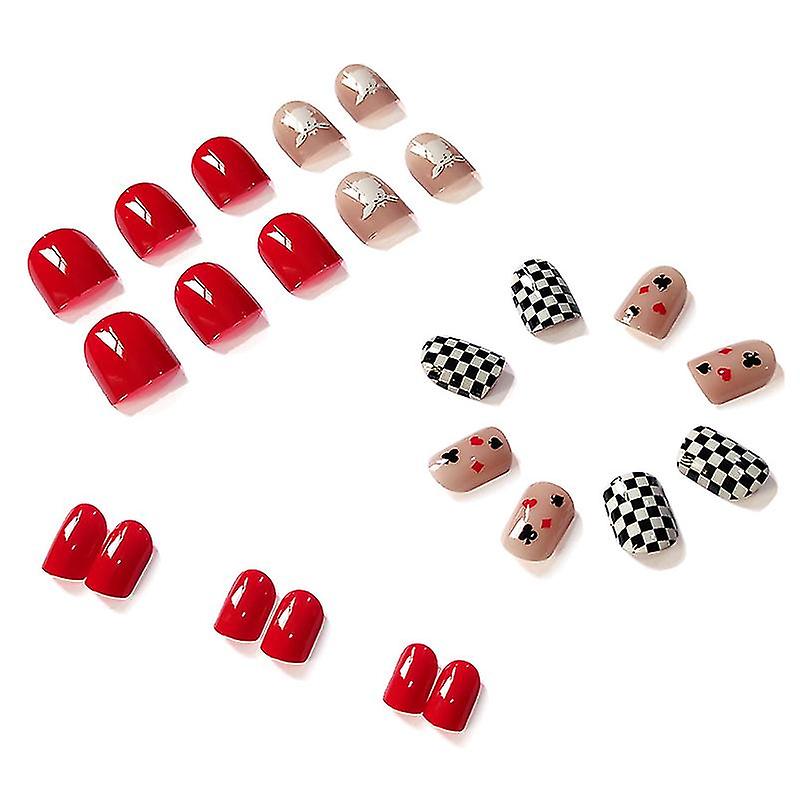 24pcs Short Red Checkerboard Nails: Cute Press-Ons, Full Coverage - Shop N Save