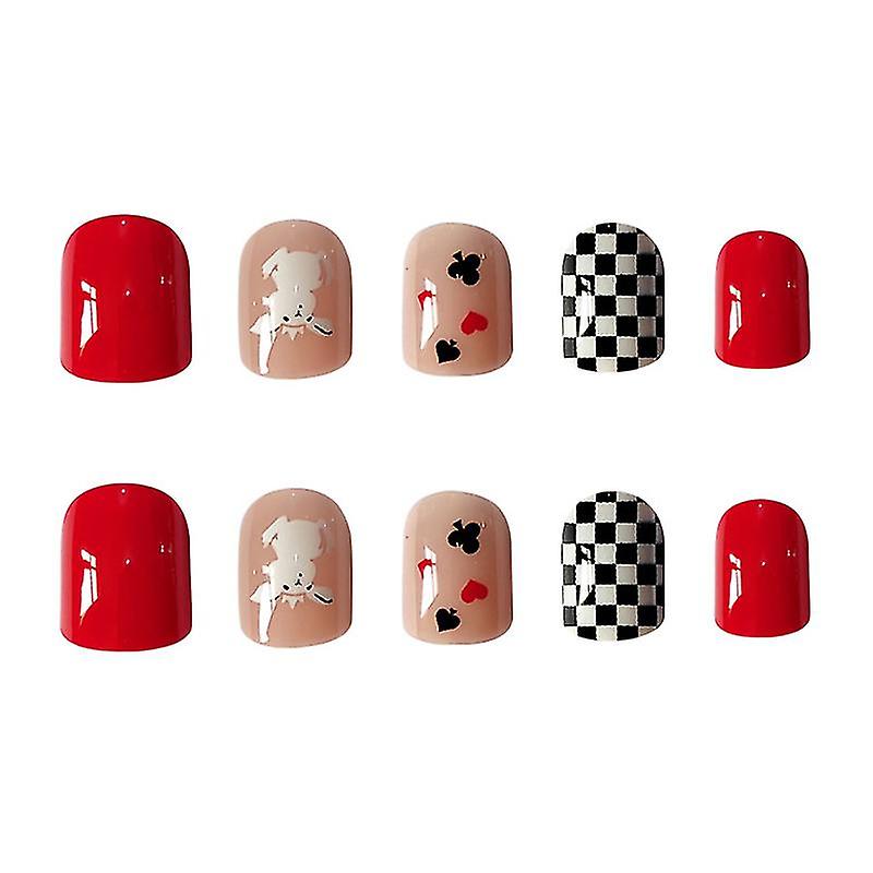 24pcs Short Red Checkerboard Nails: Cute Press-Ons, Full Coverage - Shop N Save