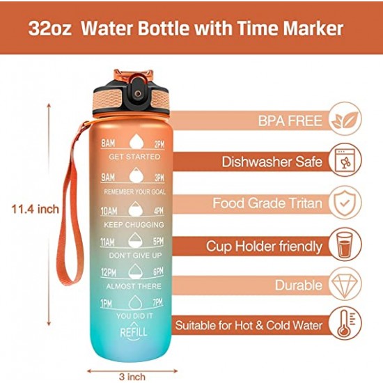 1L-32oz with Motivational Time Marker Straw Leakproof Drinking Sport Water Bottle Outdoor Travel Gym Fitness - Shop N Save