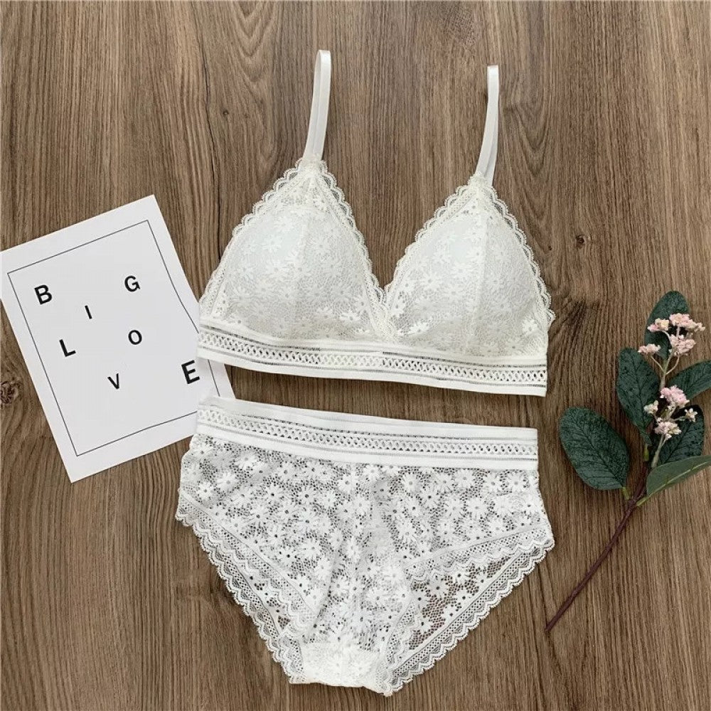 Classy Lace Underwear Suit V-Neck Hollow Out - White - Shop N Save