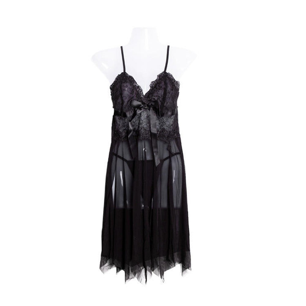Night Sleep Dress Lace V-Neck For Women - Black