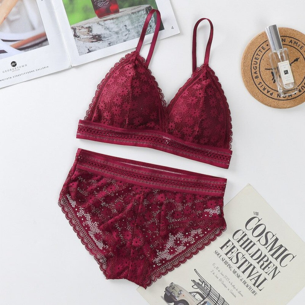 Classy Lace Underwear Suit V-Neck Hollow Out - Maroon - Shop N Save