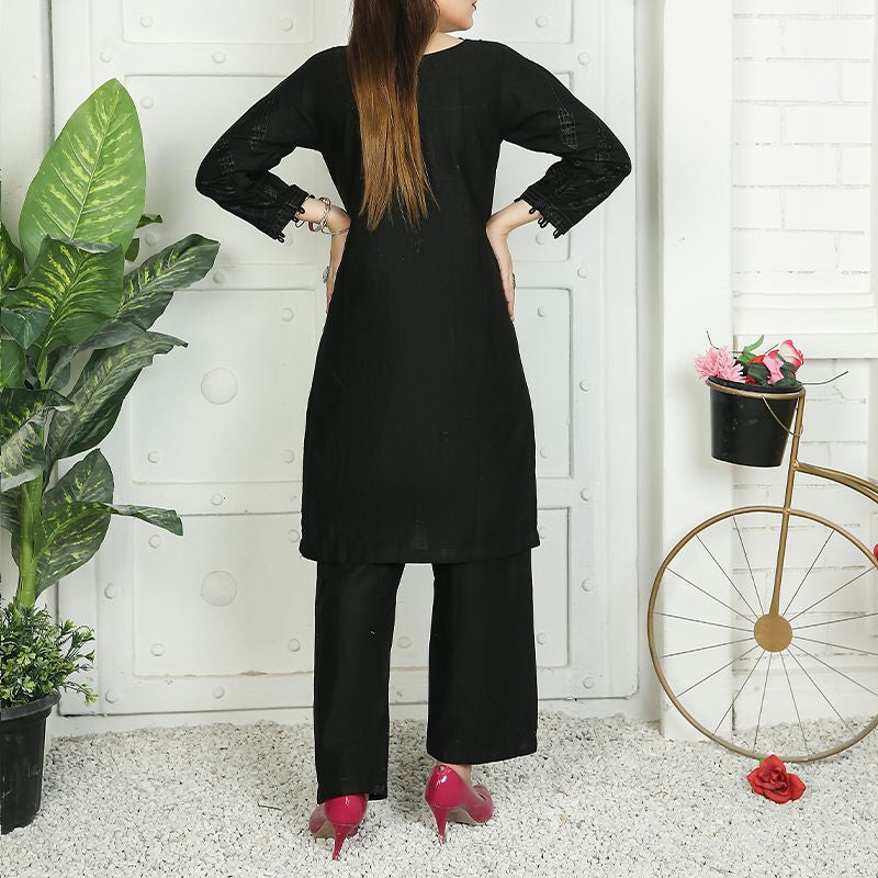 2 Piece Kurti Salwar Embroidery Set - Pure Cotton Collection Stylish Solid Color Light Weight Cotton Fabric Suit Top Bottom Salwar Kameez Indian Pakistani Embroidered Suit For Event Party Outdoor Dress - Black - Shop N Save
