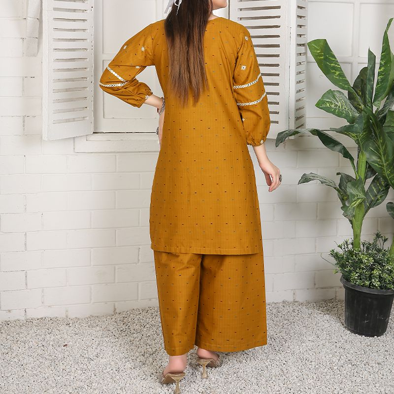 2 Piece Kurti Salwar Embroidery Set - Pure Cotton Collection Stylish Solid Color Light Weight Cotton Fabric Suit Top Bottom Salwar Kameez Indian Pakistani Embroidered Suit For Event Party Outdoor Dress - Golden - Shop N Save