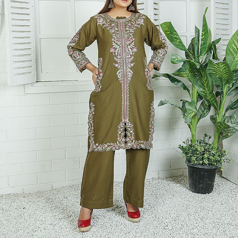 2 Piece Kurti Salwar Embroidery Set - Pure Cotton Collection Stylish Solid Color Light Weight Cotton Fabric Suit Top Bottom Salwar Kameez Indian Pakistani Embroidered Suit For Event Party Outdoor Dress - Dark Green - Shop N Save