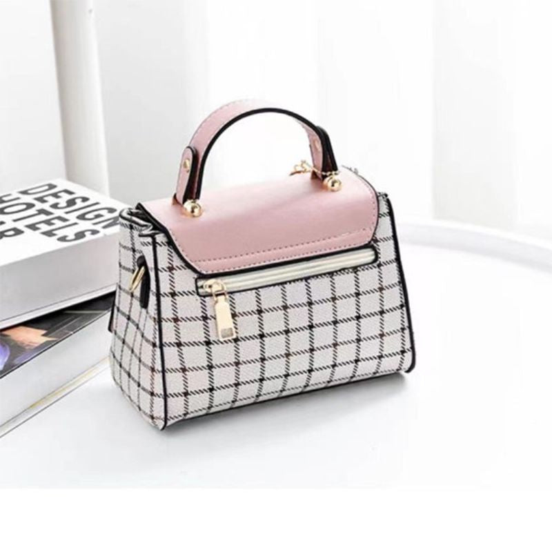 Pink Plaid Handbag: Cute, Stylish, Geometric Twist Lock, Adjustable Strap - Shop N Save