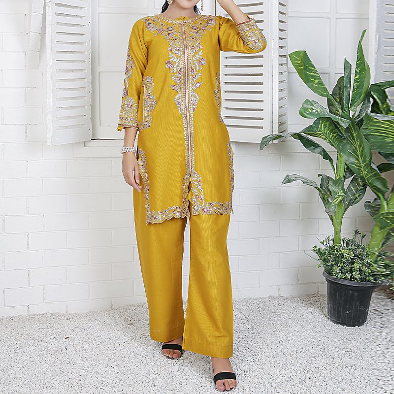 2 Piece Kurti Salwar Embroidery Set - Pure Cotton Collection Stylish Solid Color Light Weight Cotton Fabric Suit Top Bottom Salwar Kameez Indian Pakistani Embroidered Suit For Event Party Outdoor Dress - Golden - Shop N Save