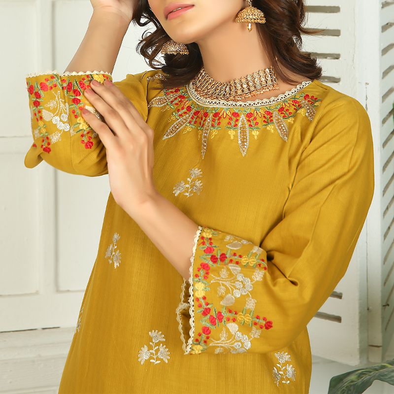 2 Piece Kurti Salwar Embroidery Set - Pure Cotton Collection Stylish Solid Color Light Weight Cotton Fabric Suit Top Bottom Salwar Kameez Indian Pakistani Embroidered Suit For Event Party Outdoor Dress - Golden - Shop N Save