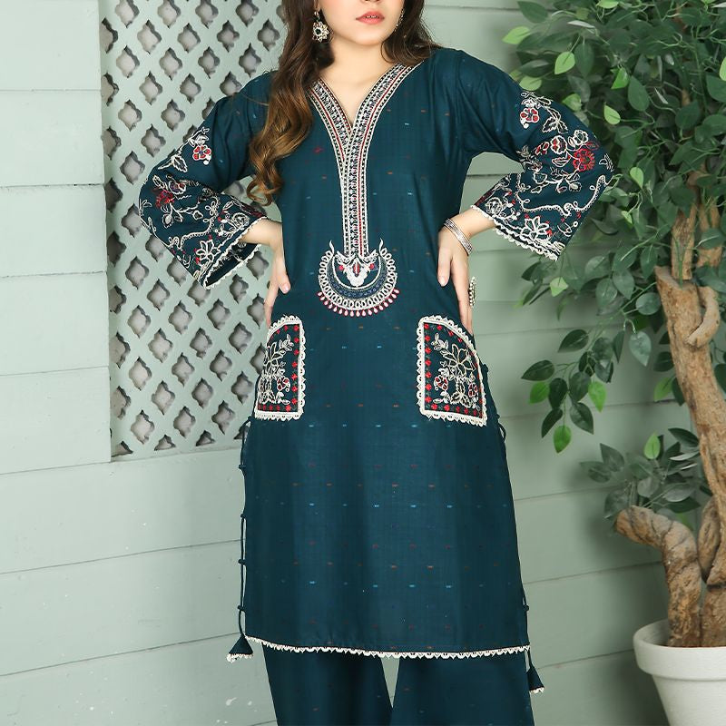 2 Piece Kurti Salwar Embroidery Set - Pure Cotton Collection Stylish Solid Color Light Weight Cotton Fabric Suit Top Bottom Salwar Kameez Indian Pakistani Embroidered Suit For Event Party Outdoor Dress - Dark Blue - Shop N Save