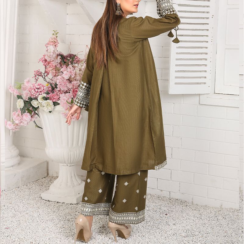 2 Piece Kurti Salwar Embroidery Set - Pure Cotton Collection Stylish Solid Color Light Weight Cotton Fabric Suit Top Bottom Salwar Kameez Indian Pakistani Embroidered Suit For Event Party Outdoor Dress - Dark Green - Shop N Save