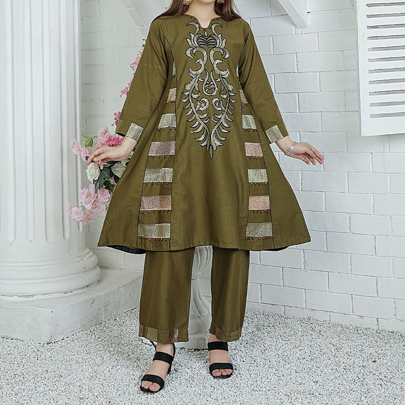 2 Piece Kurti Salwar Embroidery Set - Pure Cotton Collection Stylish Solid Color Light Weight Cotton Fabric Suit Top Bottom Salwar Kameez Indian Pakistani Embroidered Suit For Event Party Outdoor Dress - Dark Green - Shop N Save