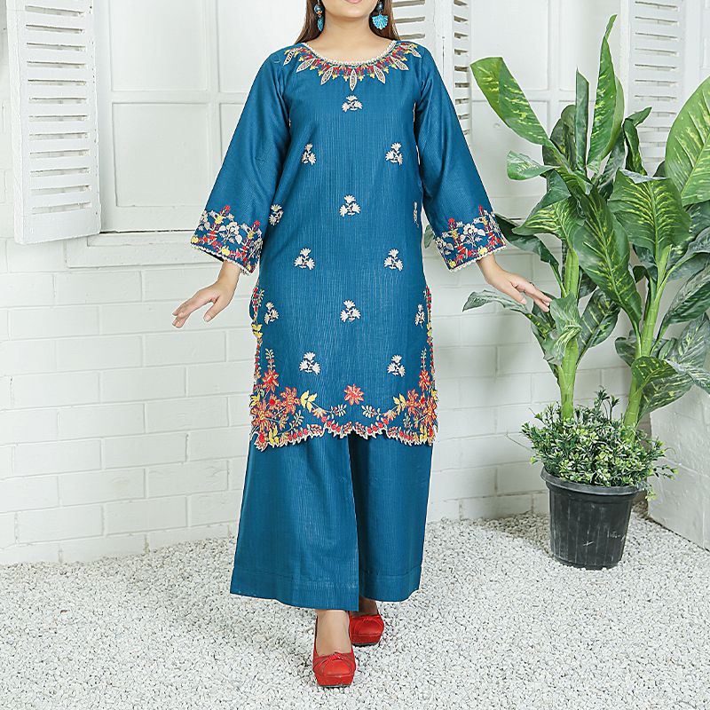2 Piece Kurti Salwar Embroidery Set - Pure Cotton Collection Stylish Solid Color Light Weight Cotton Fabric Suit Top Bottom Salwar Kameez Indian Pakistani Embroidered Suit For Event Party Outdoor Dress - Dark Blue - Shop N Save