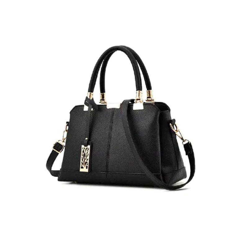 Litchi Textured Zip Closure Double Handle Women Handbag - Black - Shop N Save