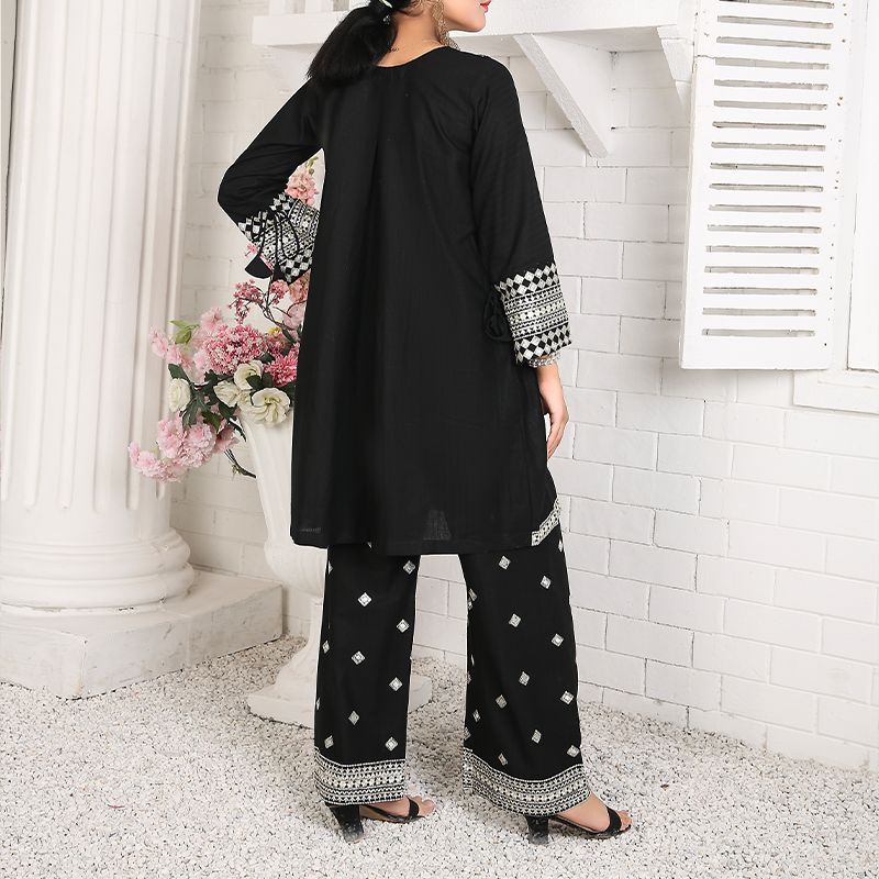 2 Piece Kurti Salwar Embroidery Set - Pure Cotton Collection Stylish Solid Color Light Weight Cotton Fabric Suit Top Bottom Salwar Kameez Indian Pakistani Embroidered Suit For Event Party Outdoor Dress - Black - Shop N Save