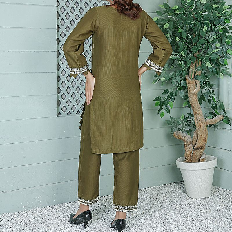 2 Piece Kurti Salwar Embroidery Set - Pure Cotton Collection Stylish Solid Color Light Weight Cotton Fabric Suit Top Bottom Salwar Kameez Indian Pakistani Embroidered Suit For Event Party Outdoor Dress - Dark Green - Shop N Save