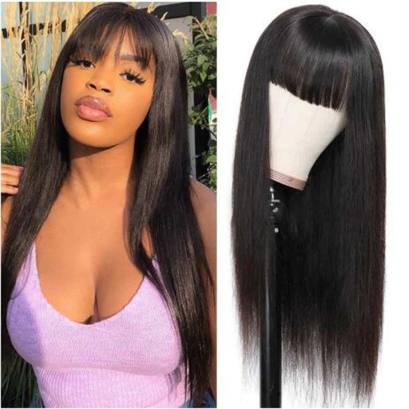 Africa full bangs black long straight hair wig headgear for women